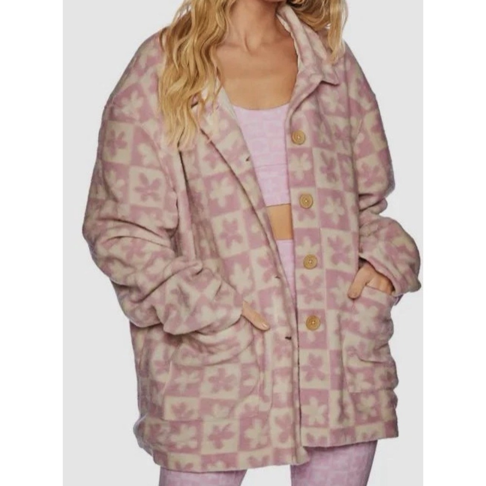 Beach Riot Revolve Skye Jacket M Pink Mod Flower Check Fleece Oversized Shacket